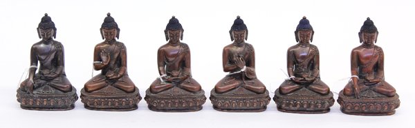 Nepalese Copper Buddhas: (lot of 6) Nepalese seated copper alloy Buddhas, 20th century, five are holding medicine jars, one with hands in mudra, 5.5''h; Provenance: The Hemphill Collection of San Francisco