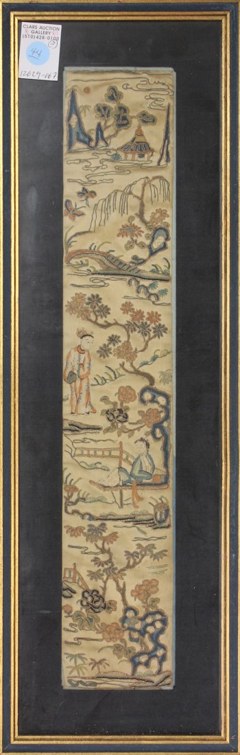 Chinese Sleeve Bands and Embroidery: (Lot of 3) Framed Chinese embroidered textiles, consisting of a wooden tray framing a fragment couched with gilt butterflies and peonies on a deep reed ground; a pair of framed sleeve bands, featuring