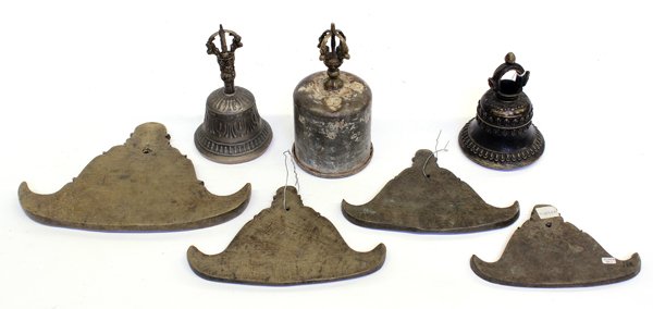 Nepalese and Burmese Bells: (lot of 7) Group of Nepalese and Burmese items, consisting of three bronze bells and four Burmese chimes, 20th century, 7''h; Provenance: The Hemphill Collection of San Francisco