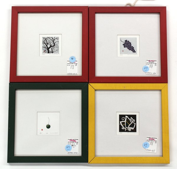 Japanese Prints, Haku Maki, Black Tree on Silver: (lot of 4) Japanese miniature modern woodblock prints by Haku Maki(Japanese 1924-2000)each signed in pencil H. Maki and sealed in red, the first 'Black Tree on Silver', edition 57/200, the second 'Gre