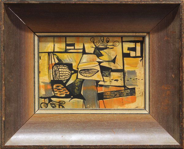 Mixed media,Still Life, Modern: Framed oil, pen and ink on paper, Modernist Still Life, French School, mid 20th century, overall: 9''h x 11''w