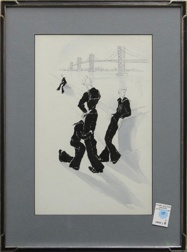 Pen and ink, Homoerotic, Sailors: Framed pen, ink, and watercolor, A Sailor's Delight, American School, 20th century, overall: 20.5''h x 15''w