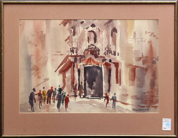 Watercolors, Mildred Watterworth: (Lot of 2) Framed watercolors, Farm View and Urban Entrance, by Mildred Watterworth (Californian, 1905-1980), each signed lower right, overall: 21''h x 27''w