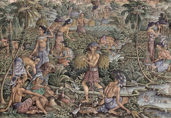 Paintings, Gusti Putu Arca, Balinese: (Lot of 2) Unframed oils on canvas, Funeral Preparation and Village Scene, 1975, by Gusti Putu Joni (Balinese, 20th century), each signed and dated lower right, also signed, titled, and dated verso, o