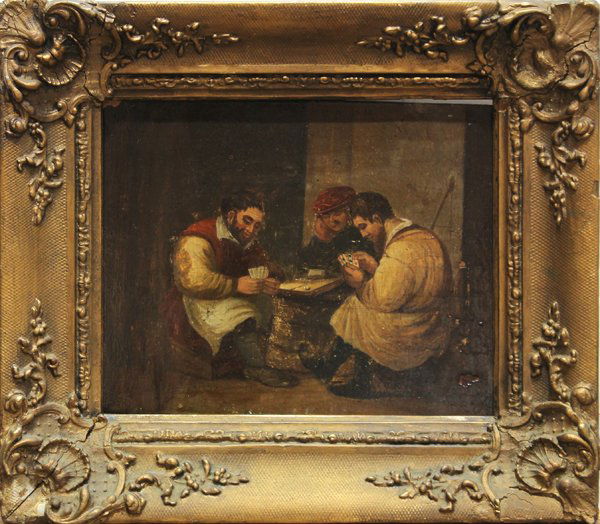 Painting, German, Card Players: Framed oil on board, The Card Players, German School, 18th century, overall: 11.25''h x 12.75''w