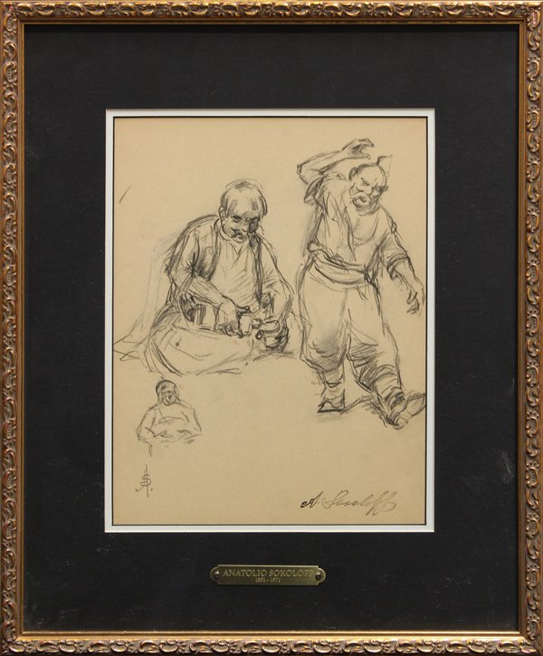 Pencil, Anatolio Sokoloff, Cossack's Dance: Framed graphite drawing, ''Cossack's Dance,'' by Anatolio Sokoloff (Russian/Californian, 1891-1971), bears artist's monogram lower left, stamped signature lower right, bears certificate verso, overall