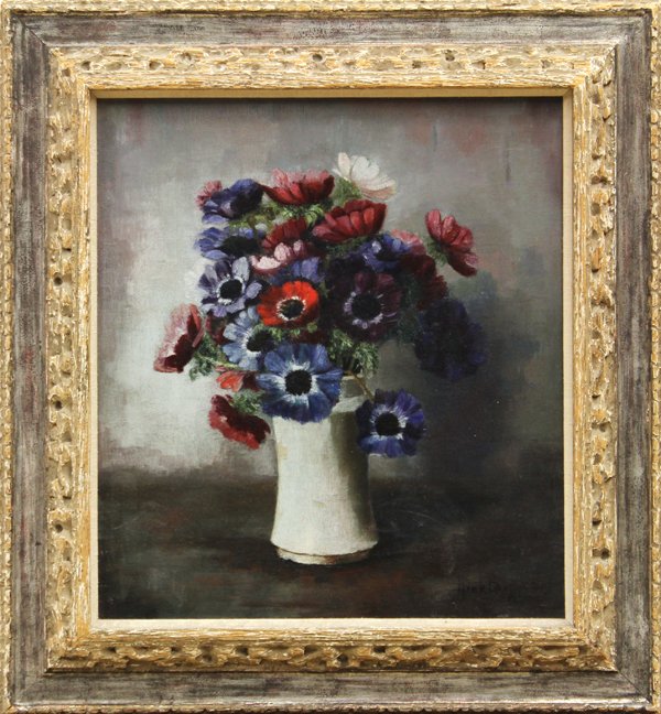 Painting, Henk Bos, Bouquet: Framed oil on canvas, ''Anemonies,'' by Henk Bos (Dutch, 1901-1979), signed ''Henk Bos'' lower right, bears Guildhall Galleries, Chicago, Illinois label verso, canvas: 18''h x 16''w, overall: 24''h x 