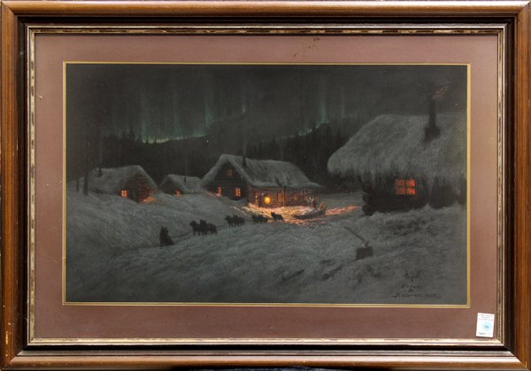 Pastel, Sled Dogs at Night: Framed pastel, Sled Dogs at Night, signed ''Frank Rademacher'' lower right, 20th century, overall: 28''h x 40.25''w
