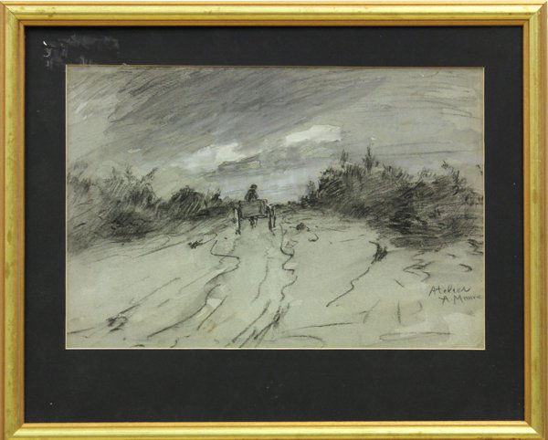 Drawing, attrib. Anton Mauve: Framed charcoal drawing on paper, Farmer and Wagon, circa 1880, attributed to Anton Mauve (Dutch, 1838-1888), unsigned, inscribed ''Atelier A. Mauve'' lower right, sight: 11''h x 16.5''w, overall: 17.
