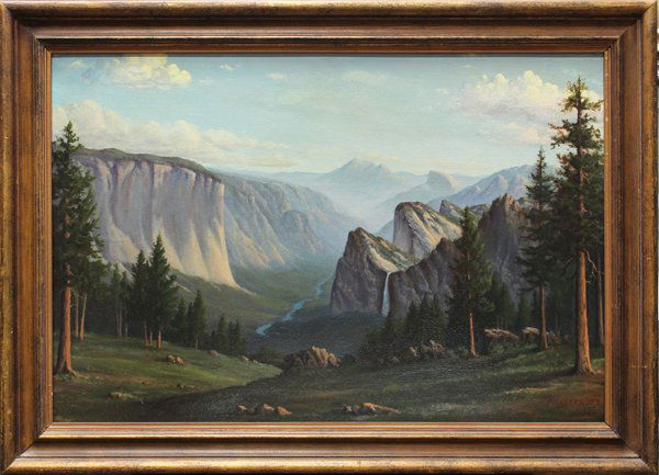 Painting, John Warren Doty, Yosemite: Framed oil on board, View of Yosemite, by John Warren Doty (Californian, 1870-1959), signed ''J. Warren Doty'' lower right, board: 22.75''h 34''w, overall: 28.5''h x 39.75''w