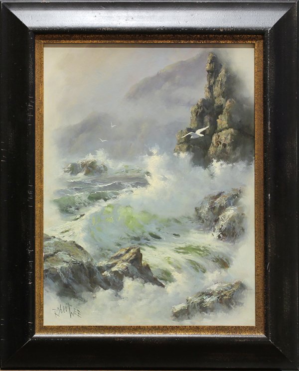 Painting, Robert Wee, Seascape-Rocky Shore: Framed oil on board, Seascape - Rocky shore, by Robert Wee (American, b. 1927), signed ''Robert Wee'' lower left, board: 24''h x 18''w, verall: 31''h x 25''w