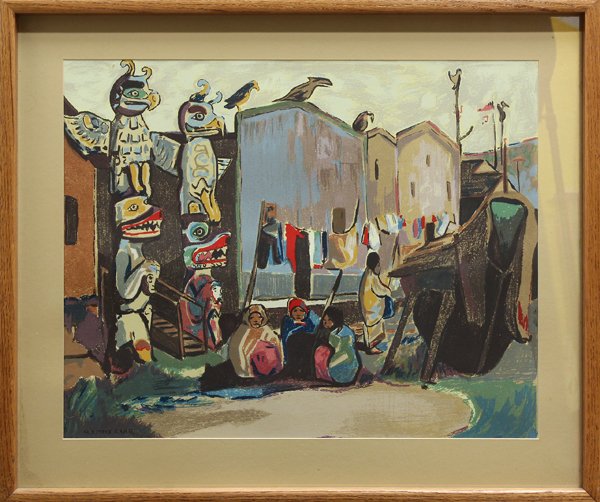 Silkscreen, Emily Carr, Indian Village: Framed silkscreen, Indian Village, by Emily M. Carr (American, 1871-1945), signed in print lower left, overall: 27''h x 32''w