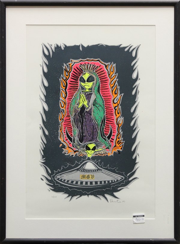 Silkscreen, Alien Virgin of Guadalupe, Huerta: Framed silkscreen, Alien Virgin of Guadalupe, 1996, pencil signed ''Huerta,'' dated, and numbered edition of 100 within lower margin, overall: 26''h x 20''w