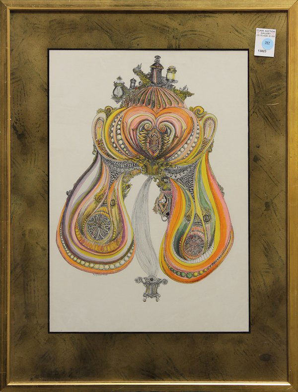 Pen and Ink, Kirby Waite, Grand Balloon: Framed pen and ink with watercolor, The Grand Balloon, 1967, by Kirby Waite (Californian, b. 1949), signed and titled lower left, overall: 25''h x 19''w