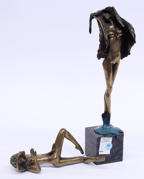 Bronze sculpture, Tom Bennett, Nudes: Pair of bronze sculptures, Flowering Women, 1991, by Tom Bennett (Californian, 1928), signed, dated, and numbered edition of 250, overall: 15.5''h x 4''w x 3''d