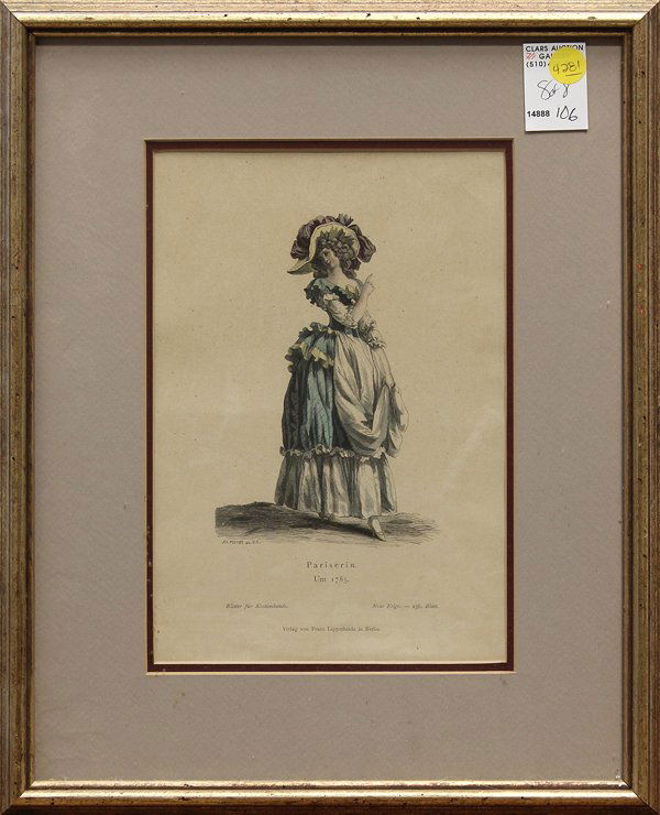 Set of 8 German Fashion and Costume engravings: (lot of 8) Framed hand-colored engravings, Various Fashion and Costume Illustrations, German School (19th century), printed/published by Verlag von Franz Lipperheide (Berlin), sight (each): 10.25''h x