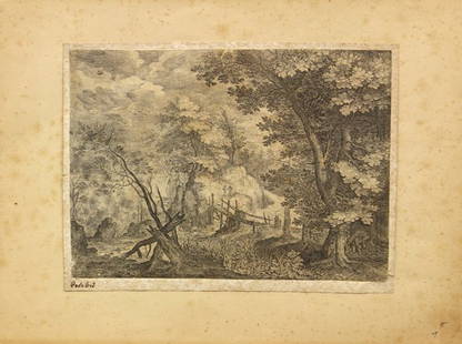 Etching, Paolo Bril after R. Savery, Flemish, circ: Unframed etching, European Landscape by Paolo (Paul) Bril (Belgium/Italy/Flemish 1554-1626) after Roelandt Savery (Flemish 1576-1639), bears signature lower left ''Paolo Bril'' in brown ink, inscribed