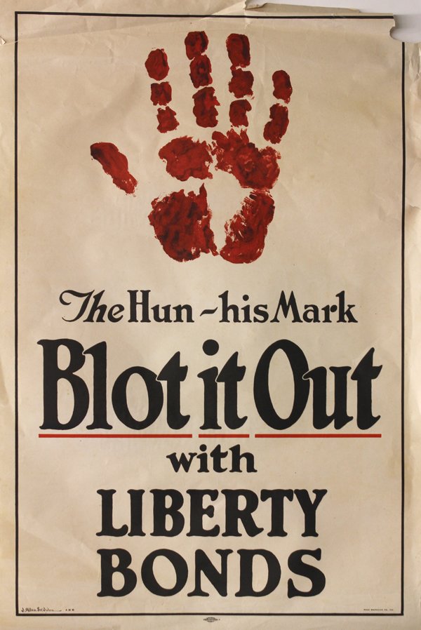 WWI lithograph posters, Beat Back the Hun: (Lot of 4) Unframed American WWI lithograph posters ncluding: ''The Hun-His Mark,'' designed by J. Allen St. John, published by Manz Co., Chicago; ''Rugged and Ready, Try Ranger;'' ''United We Serve, 