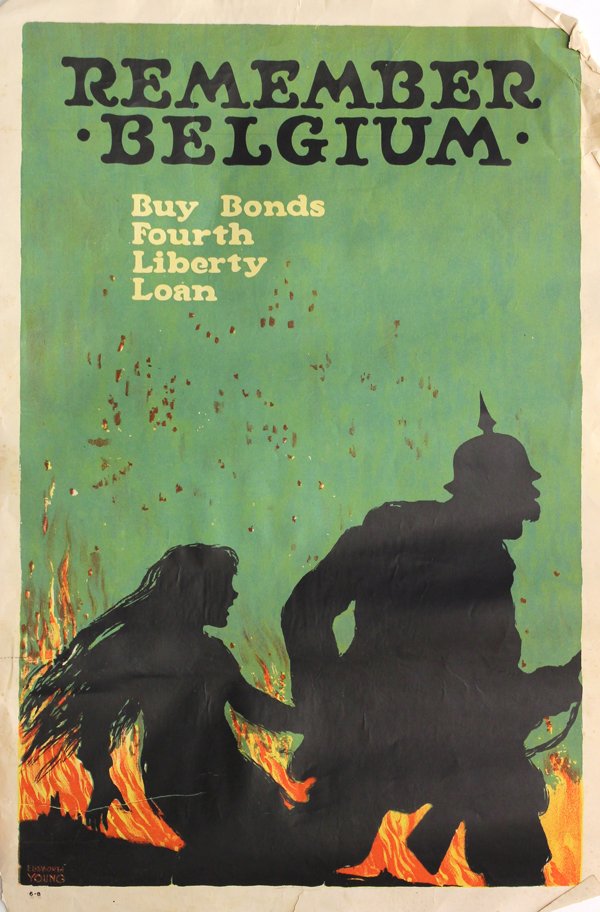 WWI lithograph posters, Beat Back the Hun: (Lot of 4) Unframed American WWI lithograph posters ncluding: ''Come On! Buy More Liberty Bonds,'' 1910, designed by Walter Whitehead, lithography by Strobridge, Cincinnati; ''Remember Belgium'' desig