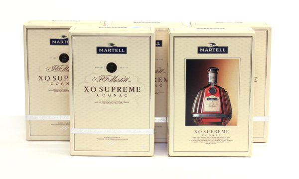 Martell cognac group: (lot of 5) Five bottles of boxed Martell XO Supreme cognac, each 750ml