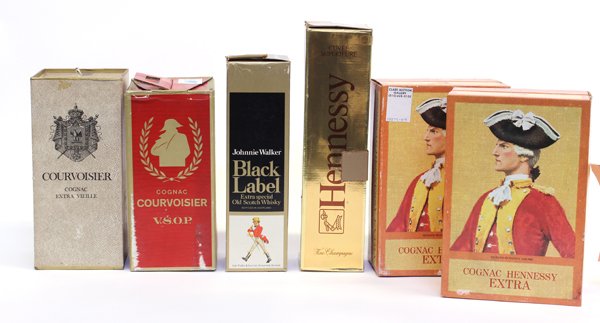 Spirits group: (lot of 6) Spirits group, consisting of two bottles of Cognac Hennessy Extra, one Hennessy Cognac Superieure, Courvoisier V.S.O.P, Courvoisier Extra Vieille Napoleon Cognac, and one Johnny Walker Blac