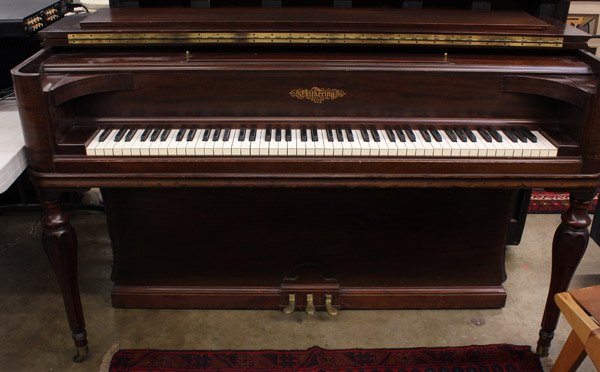 Chickering square grand piano: Chickering square grand piano, having a mahogany case and rising on shaped tapered legs, 38''h x 65''w x 25''d