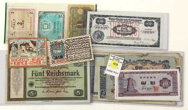 Collection of World Bank notes: (Lot of 24) World Bank notes; Germany (12) including inflation and notgeld Allied Military Currency Italy 2 Lire 1943, France 2 Francs 1944, Chihuahua 1 Peso 1914 Blue, Netherlands Indies 10 Gulder, 1
