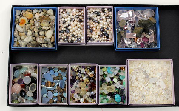Collection of loose gemstones and pearls: Lot of (1) full size and (2) half size tray's containing loose gemstones and pearls of various shapes and sizes, including; double drilled cultured pearls, rough gemstone specimens, spinel, opal, ruby