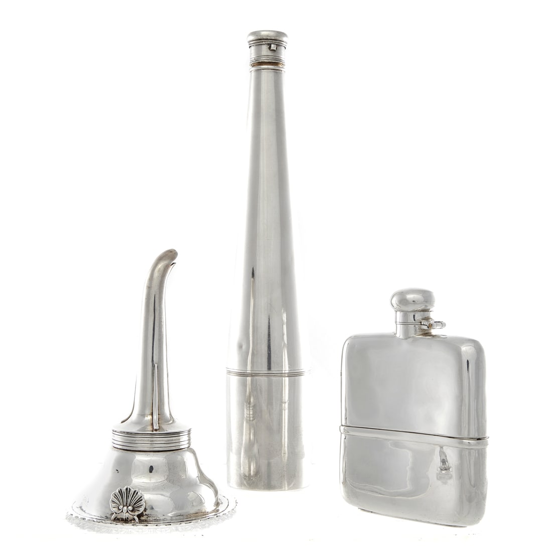 Two English sterling travelling flasks and a wine funnel: Two English sterling travelling flasks: the first in form of a telescope with a detatachable cup with gilt wash inter by William Summers, London, circa 1867; the second, of typical form by Collins and