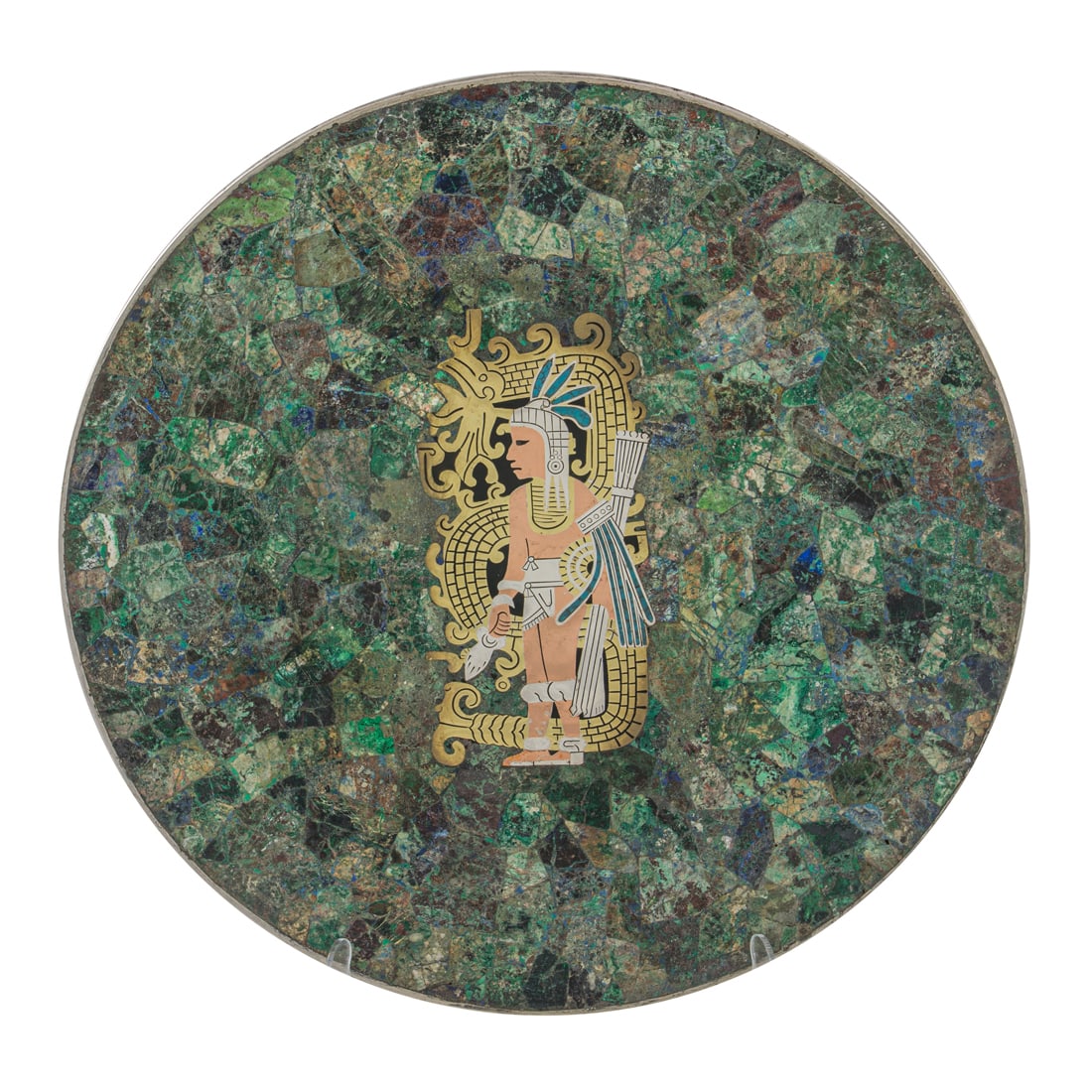A Los Castillos malachite inlaid silverplate footed tray with a Aztec design #777 (1 of 2)