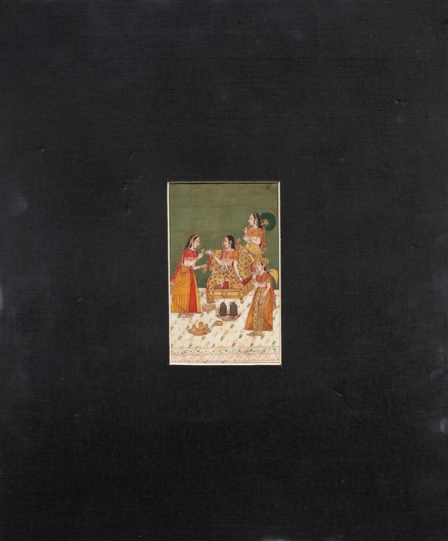 Two Indian miniature manuscript paintings, the first of a seated Princess being attended by her (1 of 2)
