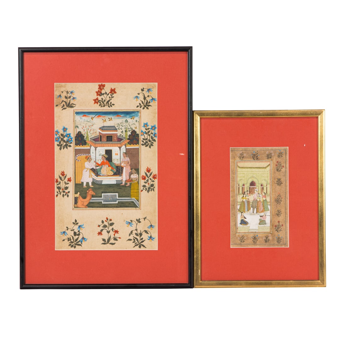Two Indian miniature paintings: the larger of a Princess seated under a dias receiving a visitor and (1 of 2)