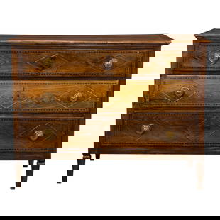 A Continental Neoclassical fruitwood commode: A Continental Neoclassical fruitwood commode, the outset top inlaid with an inner banded border, over three long drawers, the drawer friezes inlaid with diamond surrounds to knob drawer pulls and the