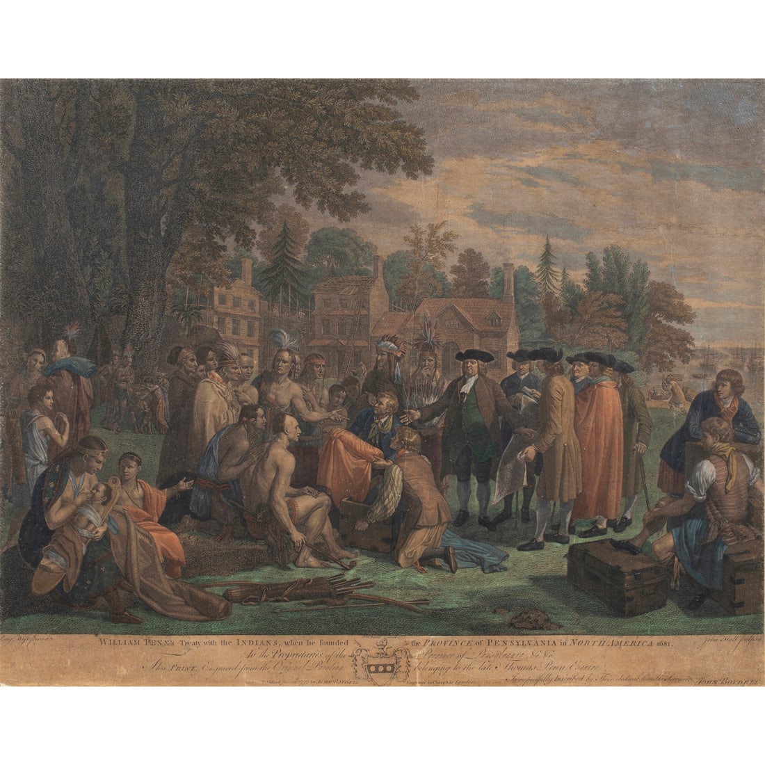 Print, After Benjamin West: After Benjamin West (British/American, 1738-1820), "William Penn's Treaty with the Indians," 1775, hand-colored engraving, published by John Boydell, engraved by John Hall, image: 19"h x 23"w, overall