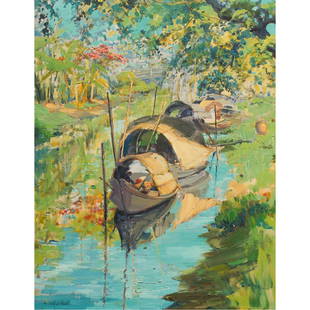 Painting, Arrah Lee Gaul: Arrah Lee Gaul (American, 1883-1980), River Boats, oil on canvas, signed lower left, canvas: 20"h x 16"w, overall (with frame): 25"h x 21"w