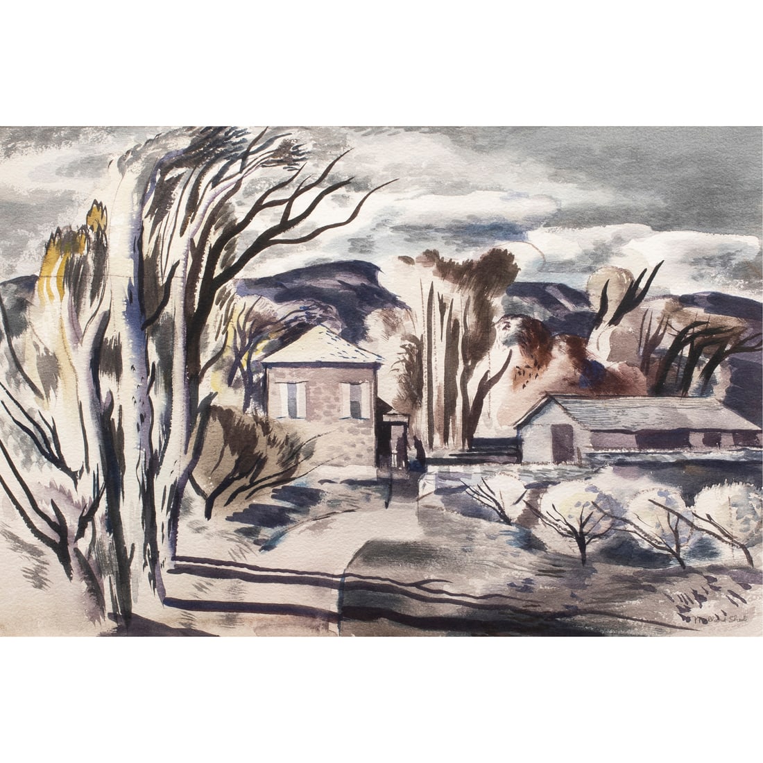 Watercolor. Millard Sheets: Millard Sheets (American, 1907-1989), "Near Upland," watercolor on paper, signed lower right, sight: 15"h x 22"w, overall (with frame): 27"h x 34"w. Provenance: John Moran Auctioneers, February 2004.