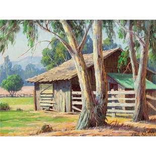 Painting, Paul Grimm: Paul Grimm (American, 1891-1974), "Barn and Eucalyptus in Landscape," oil on board, signed lower right, board: 12" x 16"w, overall (with frame): 20"h x 24"w. Provenance: John Moran Auctioneers, June 2