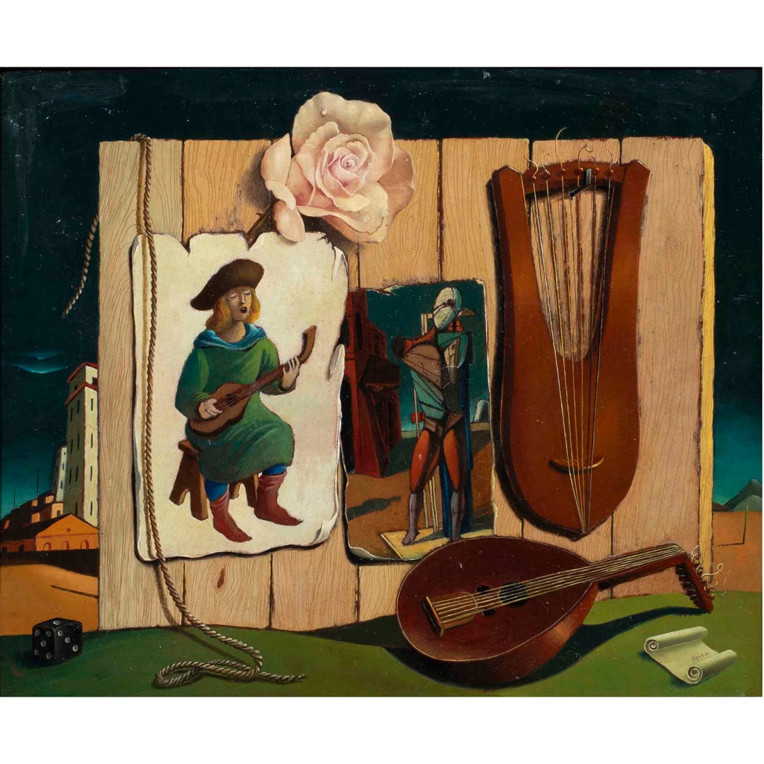 Painting, Georges Spiro: Georges Spiro (French/Polish, 1909-1994), "La Guitare," oil on board, signed lower right, titled verso, board: 14"h x 17"w, overall (with frame): 22.25"h x 25.25"w