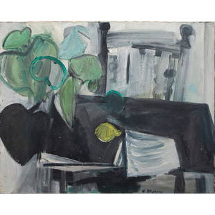 Painting, William Theophilus Brown: William Theophilus Brown (American, 1919- 2012), Untitled (Still Life with Lemon), oil on canvas, signed lower right, canvas: 24"h x 29.75"w, overall (with frame): 25.5"h x 31.25"w. Provenance: Privat