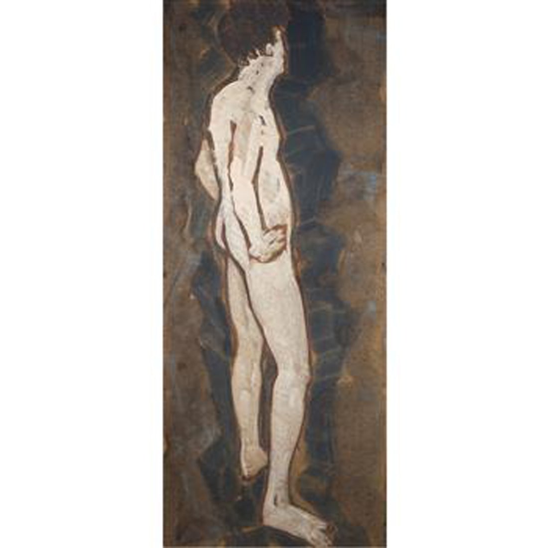 Painting, Guy Irving Anderson: Guy Irving Anderson (American, 1906-1998), Standing Male Nude, 1982, oil on tarred roofing paper affixed to board, signed and dated upper right, board: 71.5"h x 29"w, overall (with frame): 73"h x 30.5