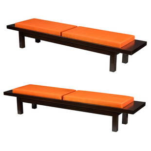 A pair of Christian Liaigre for Holly Hunt Cordovan benches: A pair of Christian Liaigre for Holly Hunt Cordovan benches, upholstered in orange Osborne & Little fabric, 15.25"h (frame) x 94.5"l x 21.25"d