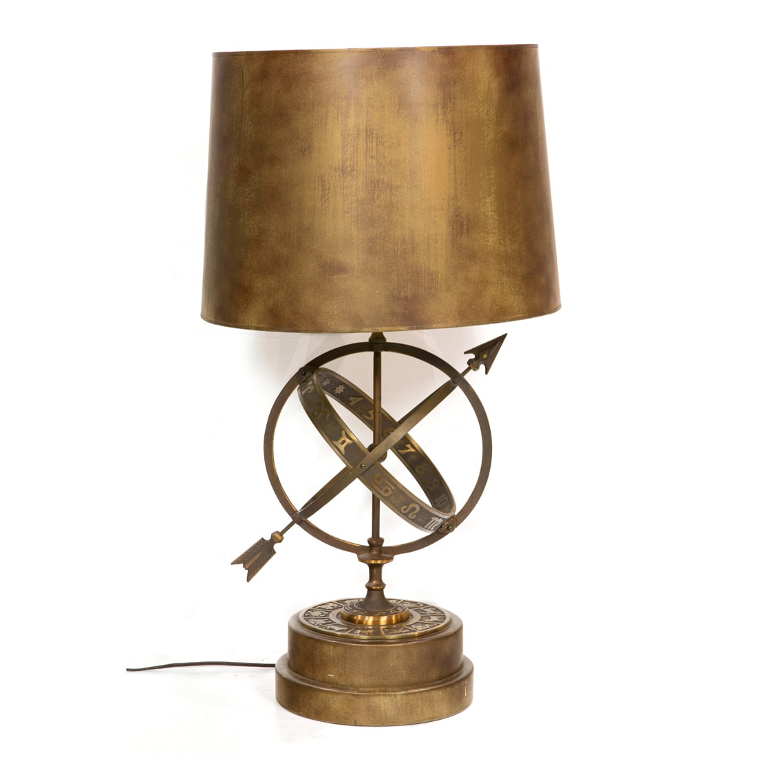 A Frederick Cooper bronze Armillary Zodiac table lamp: A Frederick Cooper bronze Armillary Zodiac table lamp, fitted with gilt paper shade, 33"h overall