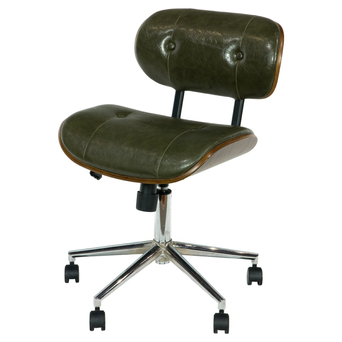 A vintage mid century green tufted polished aluminum swivel office chair with five leg base (1 of 3)