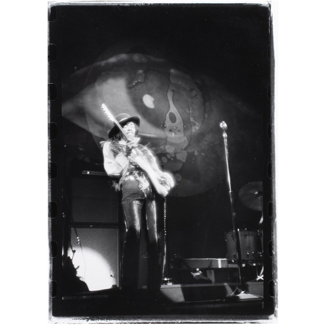 Photograph, Fred W. McDarrah: Fred W. McDarrah (American, 1926-2007), "Jimi Hendrix with Joshua Light Show...," 1968, gelatin silver print, inscribed lower margin, pen signed lower right, image: 13"h x 9"w, overall (with frame): 1