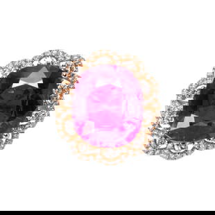 A pink tourmaline, diamond and 14k rose gold ring: A pink tourmaline, diamond and 14k rose gold ring featuring a cushion-cut pink tourmaline, measuring approximately 14.57 x 12.50 x 7.40 mm, with round brilliant-cut diamond surround; 4.19 dwt; size: 5