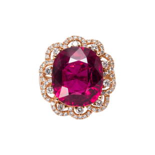 A pink tourmaline, diamond and 14k rose gold ring: A pink tourmaline, diamond and 14k rose gold ring featuring a cushion-cut pink tourmaline, measuring approximately 14.57 x 12.50 x 7.40 mm, with round brilliant-cut diamond surround; 4.19 dwt; size: 5