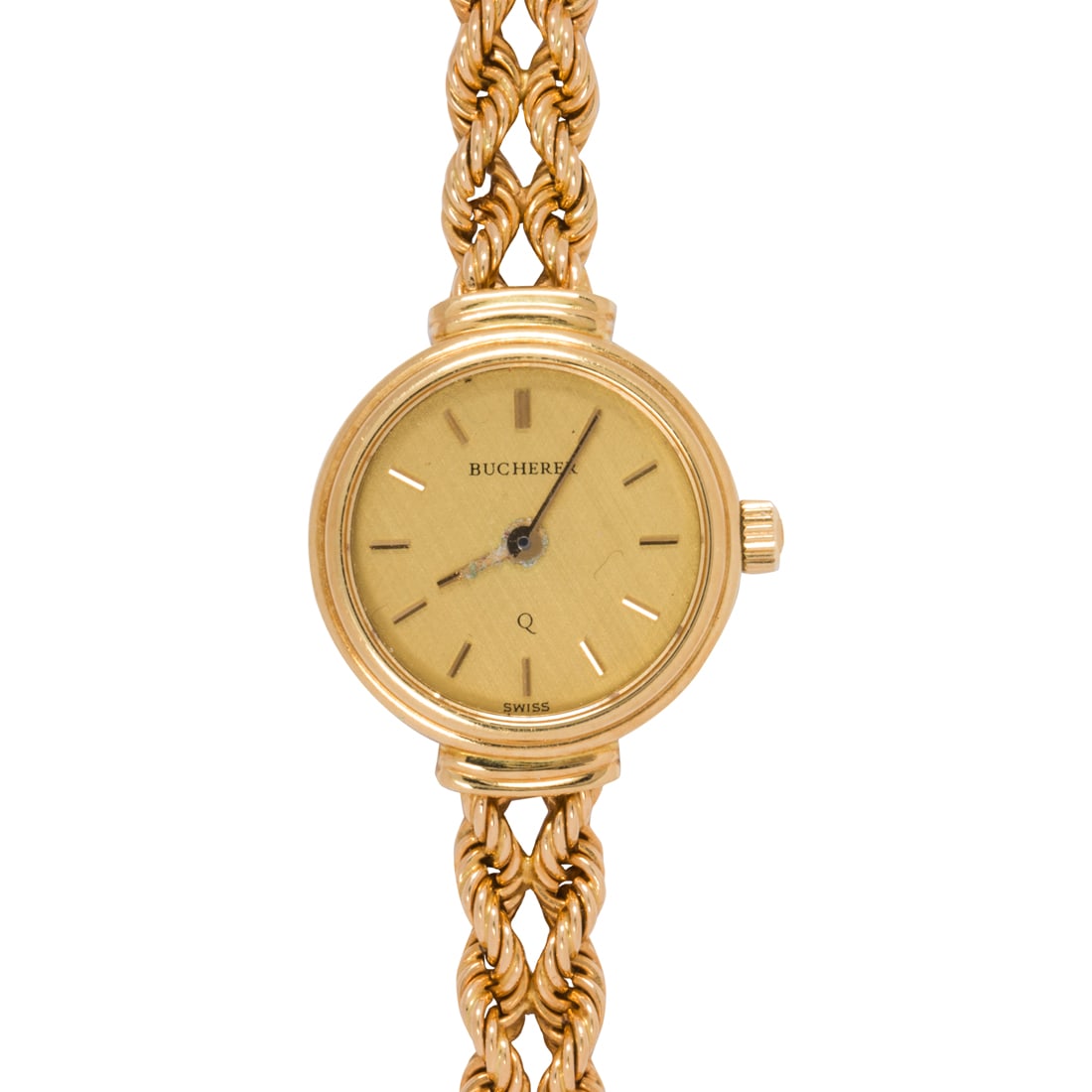 A Bucherer 18k gold watch bracelet: A Bucherer 18k gold watch braceletthe round case, gold dial, stick indexes and baton hands, signed on dial, with double rope chain bracelet; 12.85 dwt; overall length: 7 1/4 in; case diameter: 17 mm (