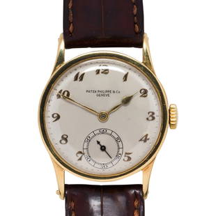 A Patek Philippe 18k gold Calatrava wristwatch: A Patek Philippe 18k gold Calatrava wristwatchRef. 96, movement no. 806'372, case no. 294'172the silvered dial with gold applied Breguet Numerals and outer pearled minute divisions, subsidiary seconds