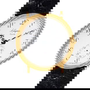 A Longines 18k gold watch: A Longines 18k gold watchthe quartz watch, with a white dial, Arabic numeral hours, Breguet hands, a subsidiary dial, within fluted bezel, case no. 20872056, on black leather strap; dial: 34 mm; lengt