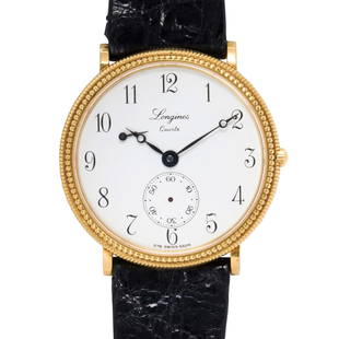 A Longines 18k gold watch: A Longines 18k gold watchthe quartz watch, with a white dial, Arabic numeral hours, Breguet hands, a subsidiary dial, within fluted bezel, case no. 20872056, on black leather strap; dial: 34 mm; lengt